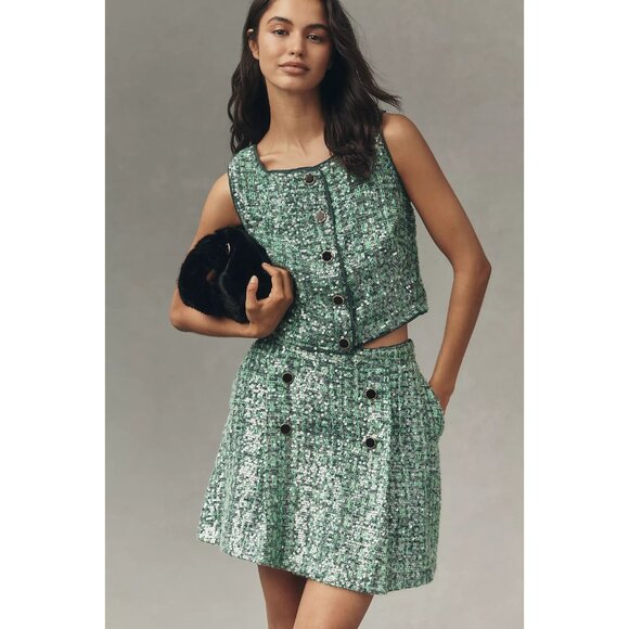 Anthropologie Maeve Sequin Tweed Mini Skirt Green XL - Picture 3 of 3